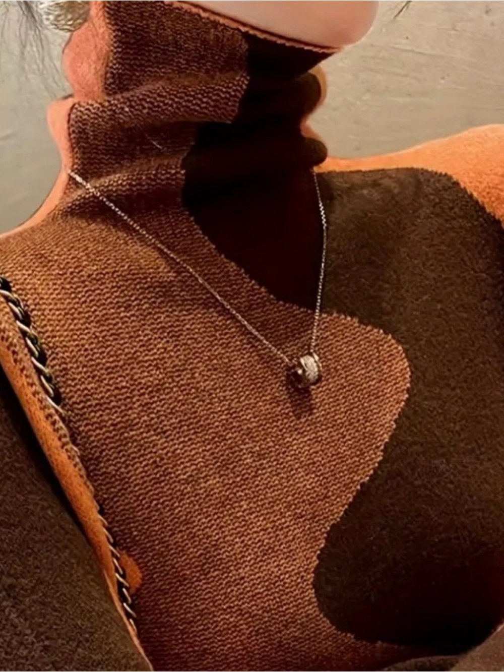 Turtleneck Colorblock Knit Sweater - Brown/Coffee/Orange